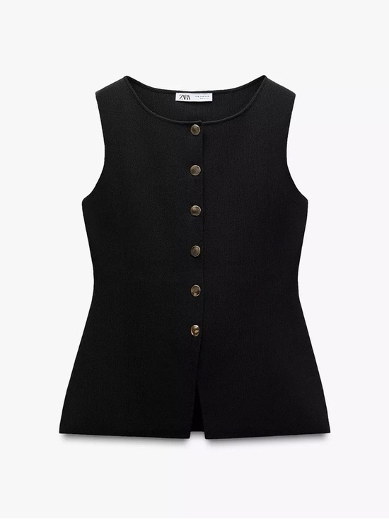 Zara Tops - Zara Black Sleeveless Button-Front Knit Vest - Size Medium